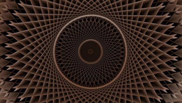 Geometric wooden structure forms a mesmerizing vortex.